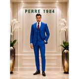 Erkek Slim Fit 3'lü Takım Elbise – Ceket, Yelek ve Pantolon – Likralı Viskon Kumaş - Mavi - 6 Drop - 50