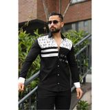 Erkek Slim-Fit Ay-Yıldız Taş Işlemeli Nakışlı Premium Tasarım Lüks Gömlek - 2XL - Siyah