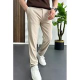 Erkek Slim Fit Beli Düğmeli Pantolon Krem Edw473