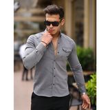 Erkek Slim Fit Çift Cepli Kot Gömlek - 5XL - Gri