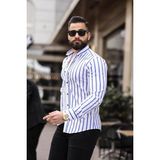 Erkek Slim Fit Çizgili Gömlek Likralı Dar Kesim Şık Günlük Gömlek (Beyaz & Mavi / Beyaz & Siyah) - 2XL