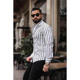 Erkek Slim Fit Çizgili Gömlek Likralı Dar Kesim Şık Günlük Gömlek (Beyaz & Mavi / Beyaz & Siyah)