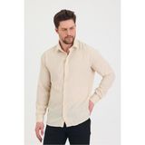 Erkek Slim Fit Dar Kalıp Uzun Kol Pamuklu Keten Efekt Gömlek - Krem