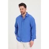 Erkek Slim Fit Dar Kalıp Uzun Kol Pamuklu Keten Efekt Gömlek - Saks Mavi