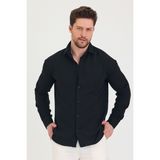 Erkek Slim Fit Dar Kalıp Uzun Kol Pamuklu Keten Efekt Gömlek - Siyah