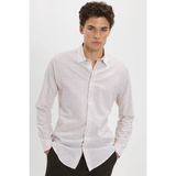 Erkek Slim Fit Dar Kesim %100 Pamuk Çizgili Uzun Kollu Keten Efektli Bej Gömlek