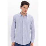Erkek Slim Fit Dar Kesim %100 Pamuk Çizgili Uzun Kollu Keten Efektli Lacivert Gömlek