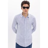 Erkek Slim Fit Dar Kesim %100 Pamuk Çizgili Uzun Kollu Keten Efektli Mavi Gömlek