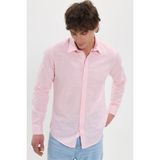 Erkek Slim Fit Dar Kesim %100 Pamuk Çizgili Uzun Kollu Keten Efektli Mercan Rengi Gömlek