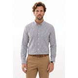 Erkek Slim Fit Dar Kesim %100 Pamuk Düğmeli Yaka Çizgili Uzun Kollu Cepli Keten Siyah-Beyaz Gömlek