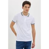 Erkek Slim Fit Dar Kesim %100 Pamuk Düz Pike Yaka ve Kol Detaylı Beyaz Polo Yaka Tişört