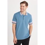 Erkek Slim Fit Dar Kesim %100 Pamuk Düz Pike Yaka ve Kol Detaylı İndigo Polo Yaka Tişört