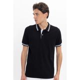Erkek Slim Fit Dar Kesim %100 Pamuk Düz Pike Yaka ve Kol Detaylı Siyah Polo Yaka Tişört
