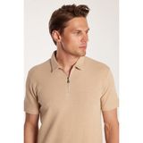 Erkek Slim Fit Dar Kesim %100 Pamuk Fermuarlı Bej Polo Yaka Tişört