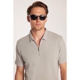 Erkek Slim Fit Dar Kesim %100 Pamuk Fermuarlı Gri Polo Yaka Tişört - XL