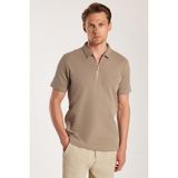 Erkek Slim Fit Dar Kesim %100 Pamuk Fermuarlı Kahverengi Polo Yaka Tişört