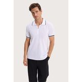 Erkek Slim Fit Dar Kesim %100 Pamuk Jakarlı Düz Yaka ve Kol Detaylı Beyaz Polo Yaka Tişört