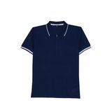Erkek Slim Fit Dar Kesim %100 Pamuk Jakarlı Düz Yaka ve Kol Detaylı Lacivert Polo Yaka Tişört
