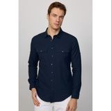 Erkek Slim Fit Dar Kesim %100 Pamuk Keten Doku Çift Cep Spor Yaka Lacivert Gömlek