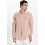 Erkek Slim Fit Dar Kesim %100 Pamuk Keten Doku Çift Cep Spor Yaka Somon Gömlek