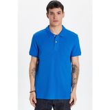 Erkek Slim Fit Dar Kesim %100 Pamuk Saks Mavi Polo Yaka Tişört