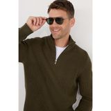 Erkek Slim Fit Dar Kesim Fermuarlı Haki Dik Yaka Triko Kazak