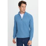 Erkek Slim Fit Dar Kesim Fermuarlı İndigo Dik Yaka Triko Kazak