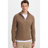 Erkek Slim Fit Dar Kesim Fermuarlı Koyu Vizon Dik Yaka Triko Kazak