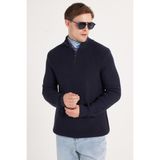 Erkek Slim Fit Dar Kesim Fermuarlı Lacivert Dik Yaka Triko Kazak