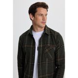 Erkek Slim Fit Dar Kesim Kareli Cepli Haki Oduncu Gömlek