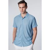 Erkek Slim Fit Dar Kesim Kısa Kollu Nefes Alan Örme Doku Armür Desenli Mavi Gömlek
