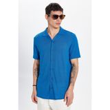 Erkek Slim Fit Dar Kesim Kısa Kollu Örme Doku Apaş Yaka Saks Mavi Gömlek