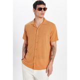 Erkek Slim Fit Dar Kesim Kısa Kollu Örme Doku Apaş Yaka Turuncu Gömlek