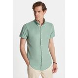 Erkek Slim Fit Dar Kesim Kısa Kollu Spor Yaka Oxford Doku Pamuklu Yeşil Gömlek