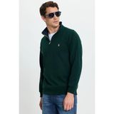 Erkek Slim Fit Dar Kesim Pamuklu Selanik Kumaş Dik Yaka Yeşil Sweatshirt