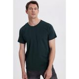 Erkek Slim Fit Dar Kesim Pamuklu Yumuşak Doku Likralı Esnek Kumaş Basic Koyu Yeşil Bisiklet Yaka Tişört