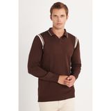 Erkek Slim Fit Dar Kesim Uzun Kol Polo Yaka Çizgili Kahverengi Kazak
