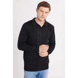 Erkek Slim Fit Dar Kesim Uzun Kol Polo Yaka Çizgili Siyah Kazak