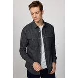 Erkek Slim Fit Dar Kesim Uzun Kollu %100 Pamuk Keten Doku Çift Cepli Çıtçıtlı Siyah Gömlek