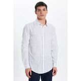 Erkek Slim Fit Dar Kesim Uzun Kollu %100 Pamuk Keten Doku Çizgili Gömlek