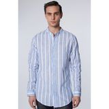 Erkek Slim Fit Dar Kesim Uzun Kollu %100 Pamuk Keten Doku Çizgili Hakim Yaka Gömlek