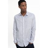 Erkek Slim Fit Dar Kesim Uzun Kollu %100 Pamuk Keten Doku Çizgili Spor Yaka Mavi Gömlek