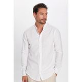 Erkek Slim Fit Dar Kesim Uzun Kollu %100 Pamuk Keten Doku Hakim Yaka Beyaz Gömlek