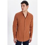 Erkek Slim Fit Dar Kesim Uzun Kollu %100 Pamuk Keten Doku Hakim Yaka Kiremit Renk Gömlek