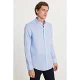 Erkek Slim Fit Dar Kesim Uzun Kollu Keten Premium Seri Düğmeli Yaka Spor Açık Mavi Gömlek