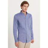 Erkek Slim Fit Dar Kesim Uzun Kollu Keten Premium Seri Düğmeli Yaka Spor Lacivert Gömlek