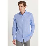 Erkek Slim Fit Dar Kesim Uzun Kollu Keten Premium Seri Düğmeli Yaka Spor Mavi Gömlek - XL - Mavi1