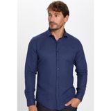 Erkek Slim Fit Dar Kesim Uzun Kollu Pamuklu Kolay Ütü Armürlü Lacivert Gömlek
