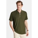 Erkek Slim Fit Dar Kesim Viskon Fermuarlı Polo yaka Koyu Haki Tişört