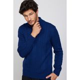 Erkek Slim Fit Dar Kesim Yumuşak Dokulu Desenli Dik Yaka Düğmeli Triko Saks Mavi Kazak